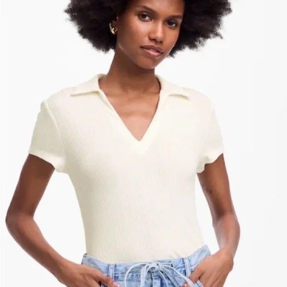 MADEWELL Ribbed V-Neck Polo Top XL Lighthouse White Slim Fit Short Sleeve B51